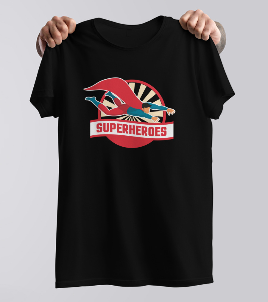 Superheroes Flying Action Red Cape Vintage Emblem T-Shirt
