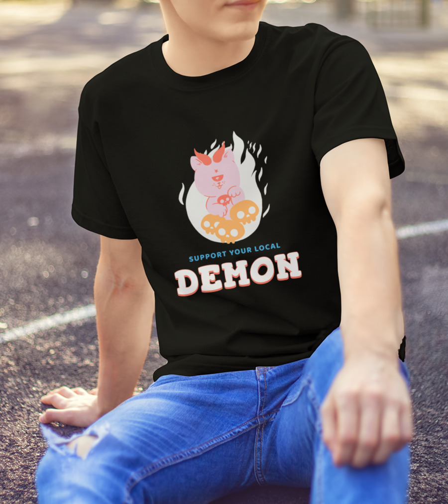 Support Your Local Demon Fiery Pig With Skulls T-Shirt
