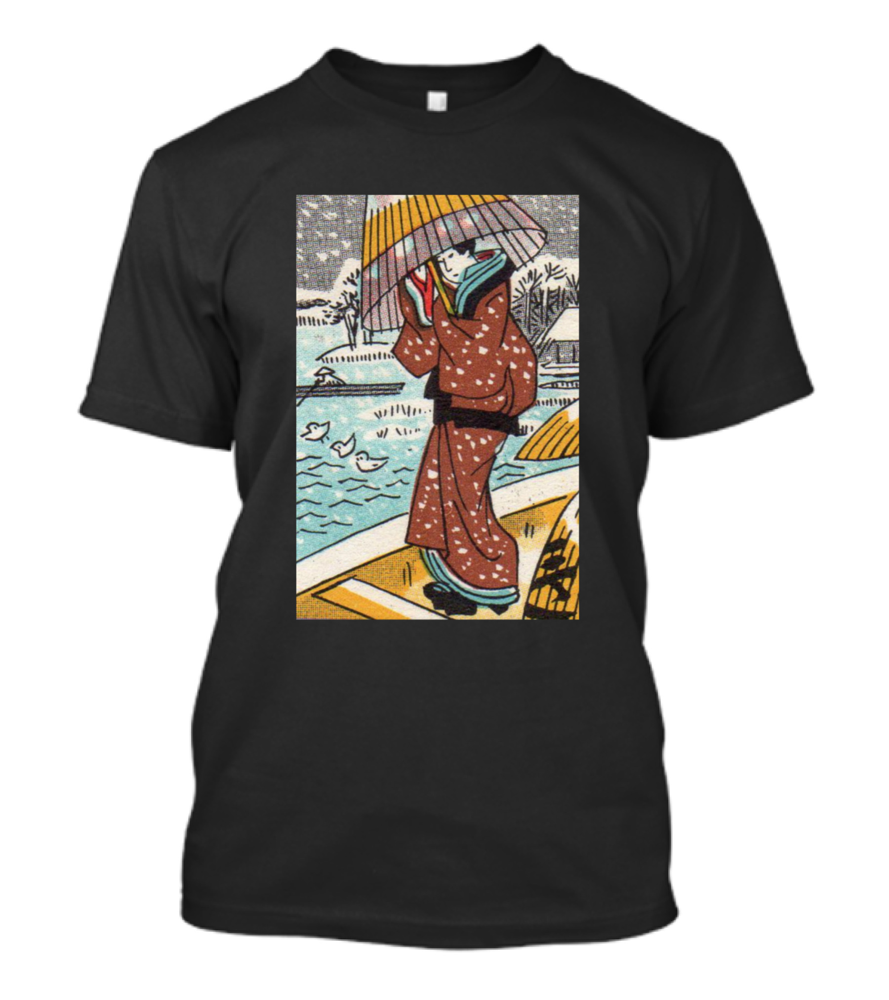 Walk In The Snow Kimono Style With Lakeside View And Ducks T-Shirt