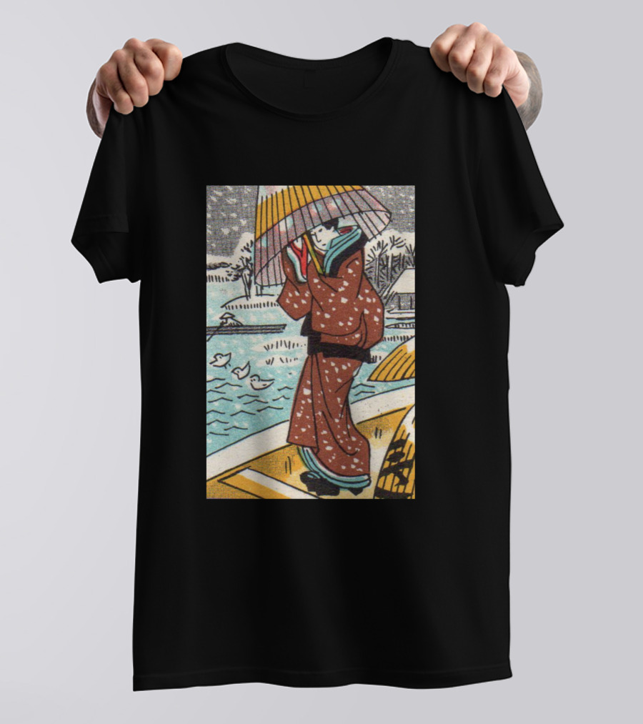 Walk In The Snow Kimono Style With Lakeside View And Ducks T-Shirt