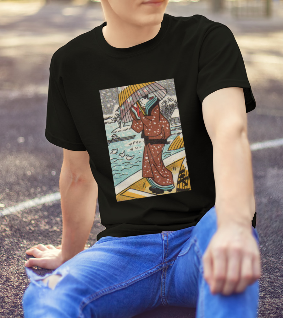 Walk In The Snow Kimono Style With Lakeside View And Ducks T-Shirt