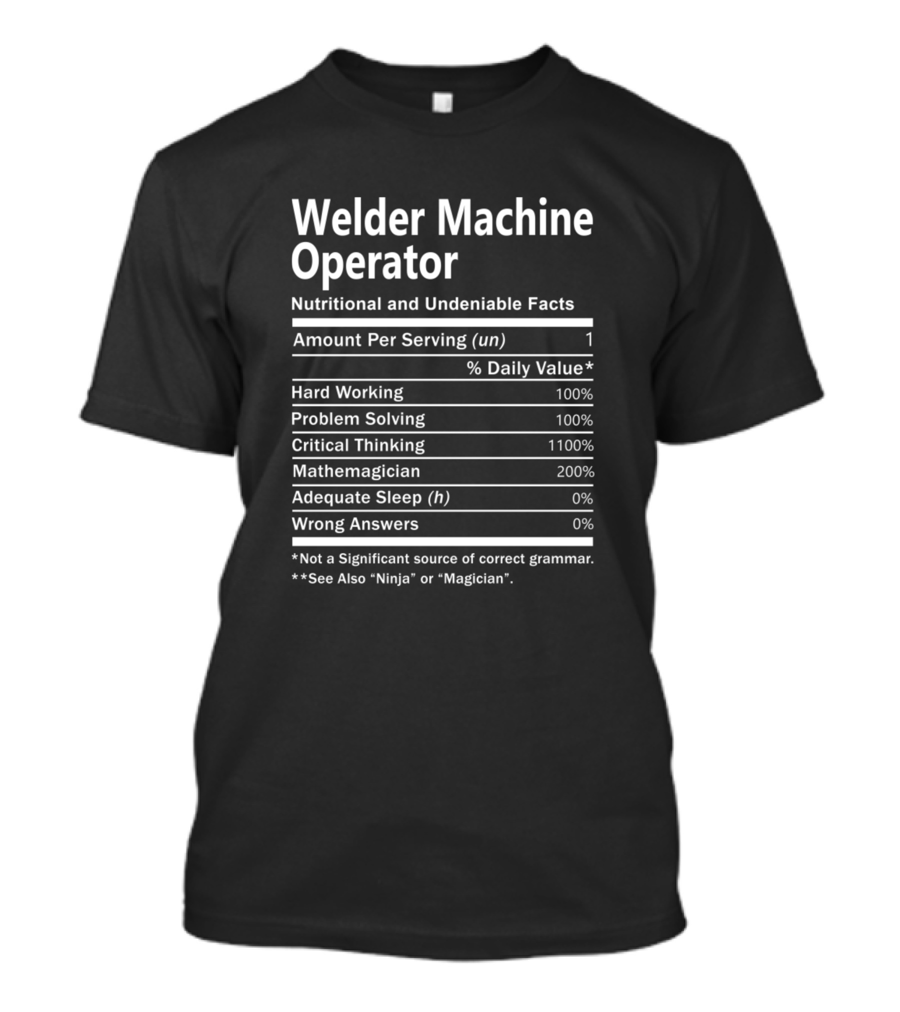 Welder Machine Operator Nutritional And Undeniable Facts Hard Working Problem Solving Critical Thinking Mathemagician Adequate Sleep Wrong Answers T-Shirt