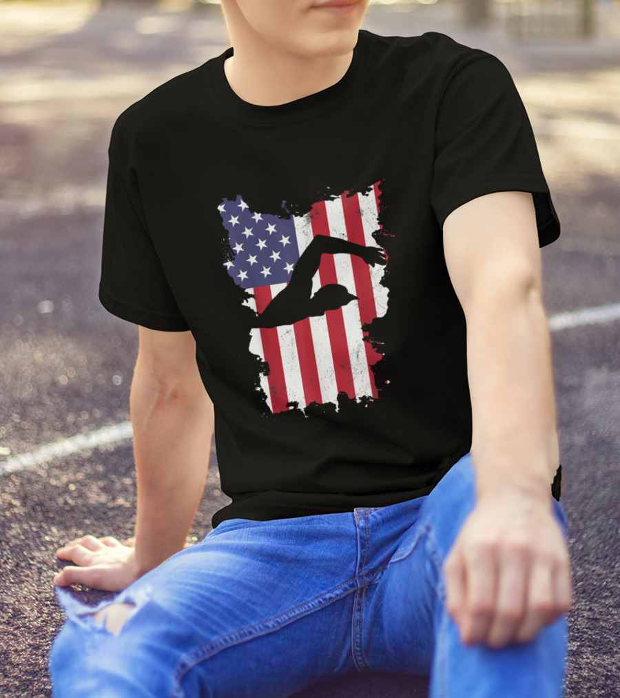 USA Flag Swimmer 4th Of July Swimming泳 T-Shirt