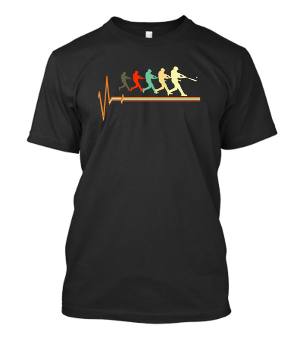 Retro Vintage Baseball Heartbeat With Player Silhouettes And Colorful Gradient T-Shirt