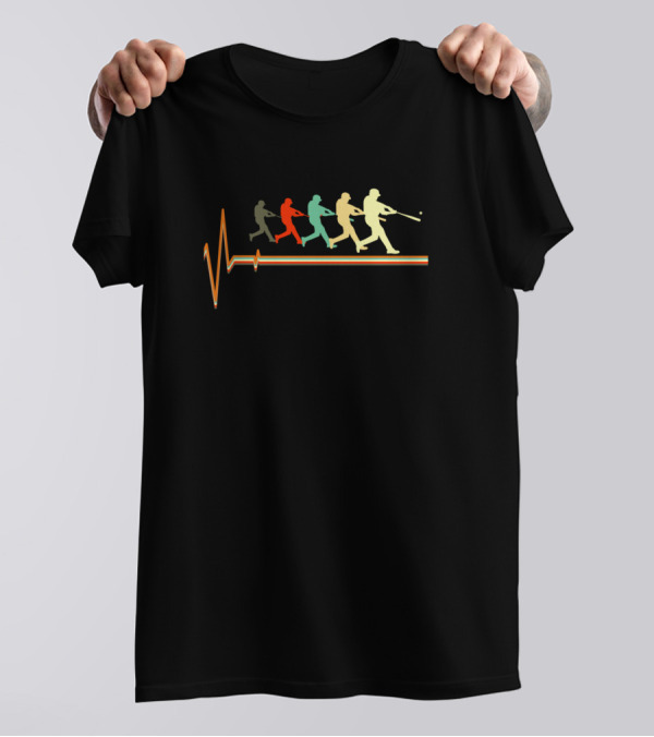 Retro Vintage Baseball Heartbeat With Player Silhouettes And Colorful Gradient T-Shirt