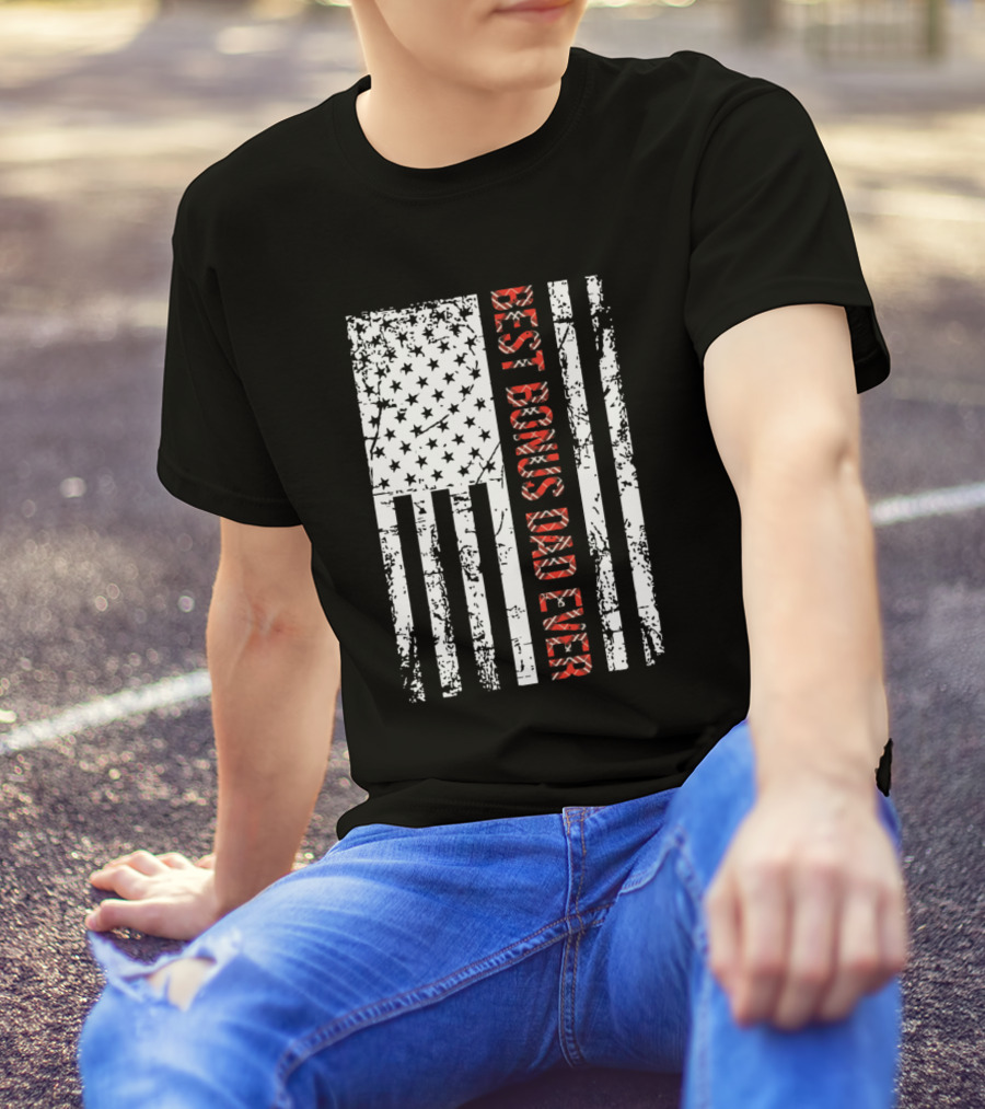 Best Bonus Dad Ever American Flag Plaid Design For Step Dad T-Shirt