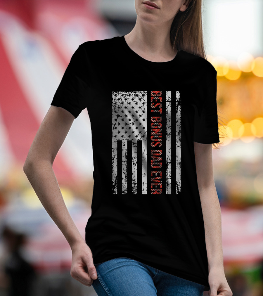 Best Bonus Dad Ever American Flag Plaid Design For Step Dad T-Shirt