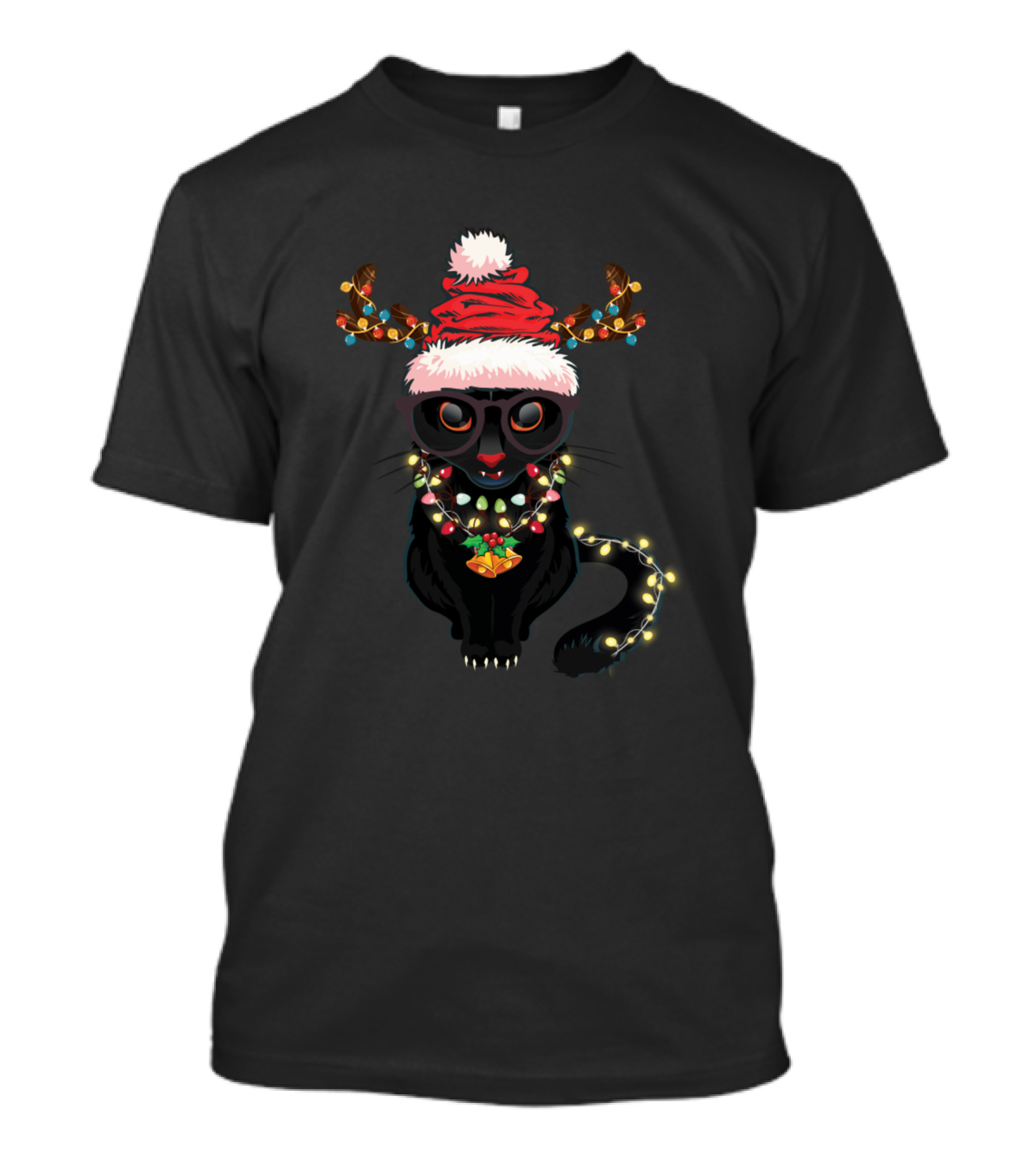 Black Cat With Christmas Lights Reindeer Horns And Santa Hat T-Shirt