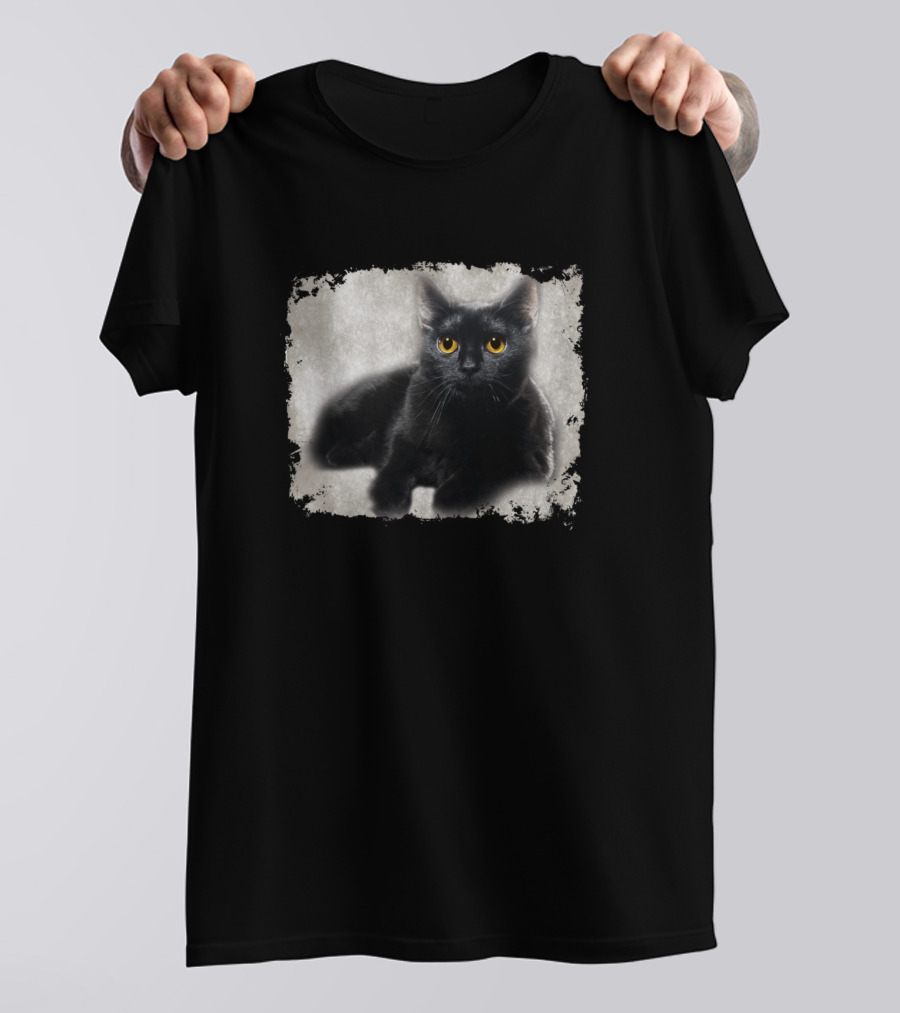 Black Cat Yellow Eyes On Grunge Background T-Shirt