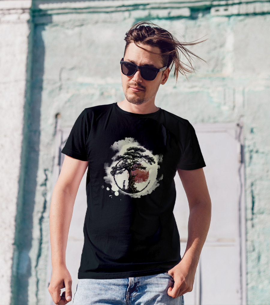 Bonsai Tree Japanese Zen Yin Yang Buddhist Circle Enso Painting T-Shirt