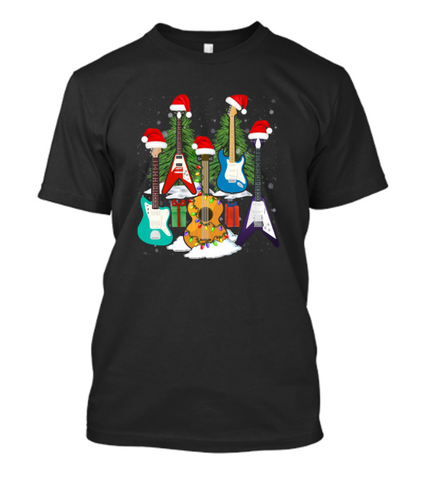 Christmas Guitar Tree Santas Hat Festive Guitars Holiday T-Shirt