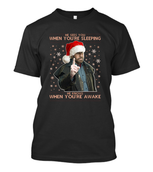 He Sees You When You're Sleeping Chuck Norris Santa Hat T-Shirt