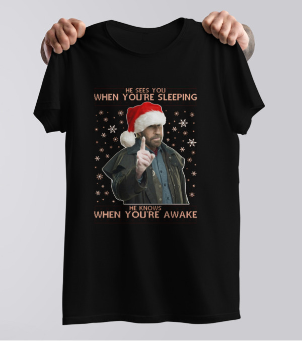 He Sees You When You're Sleeping Chuck Norris Santa Hat T-Shirt