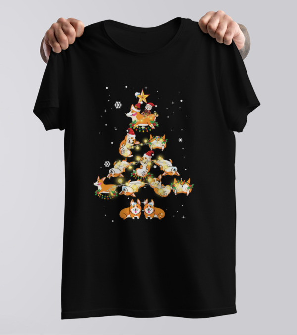 Corgi Xmas Christmas Tree With Lights And Snowflakes T-Shirt