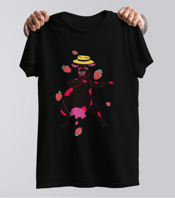 Black Cow Dancing With Strawberries And Yellow Hat T-Shirt