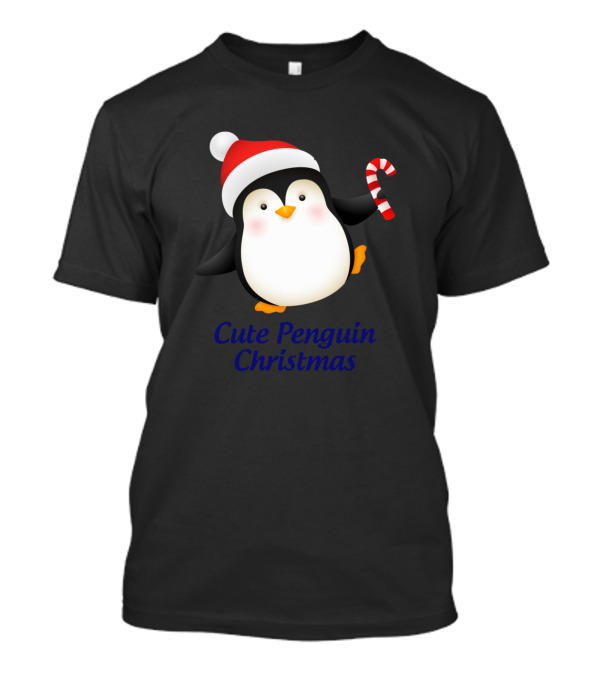 Cute Penguin Christmas Santa Hat Candy Cane T-Shirt