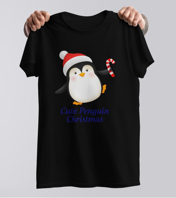 Cute Penguin Christmas Santa Hat Candy Cane T-Shirt