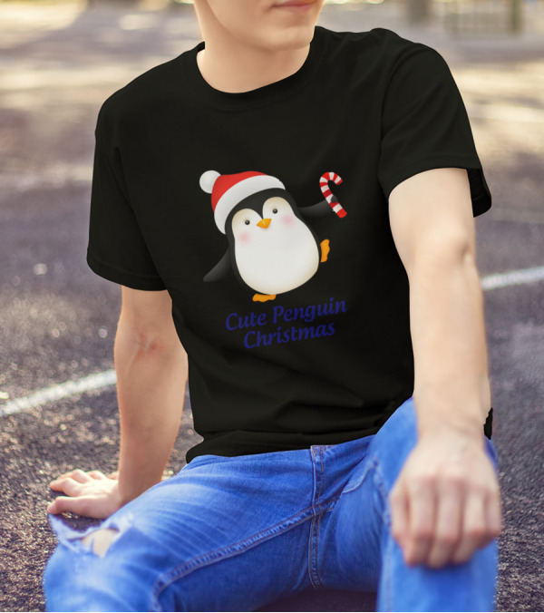 Cute Penguin Christmas Santa Hat Candy Cane T-Shirt