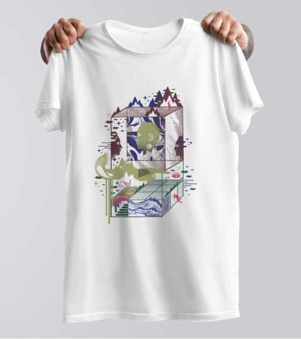 Dreamacyde Illusions In Geometric Perspective With Surreal Nature And Face Elements T-Shirt