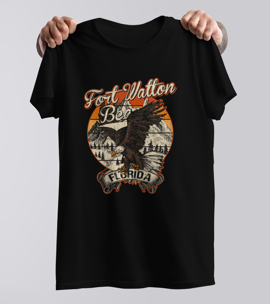 Fort Walton Beach Florida Vintage Bald Eagle And Mountain Scene T-Shirt