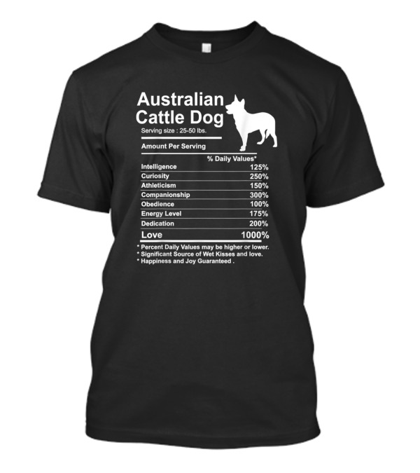 Australian Cattle Dog Serving Size Nutrition Facts Intelligence Curiosity Athleticism Companionship Obedience Energy Level Dedication Love T-Shirt