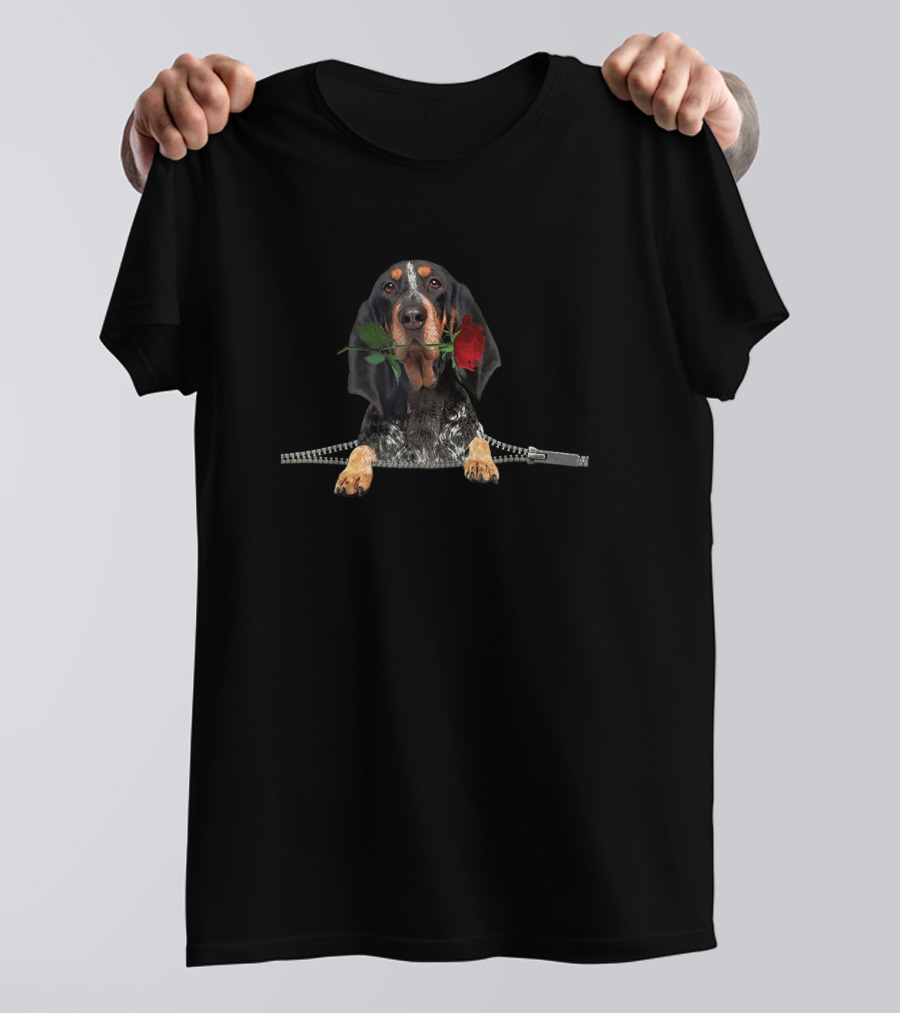 Funny Bluetick Coonhound Dog With Rose In Zipper Pocket T-Shirt