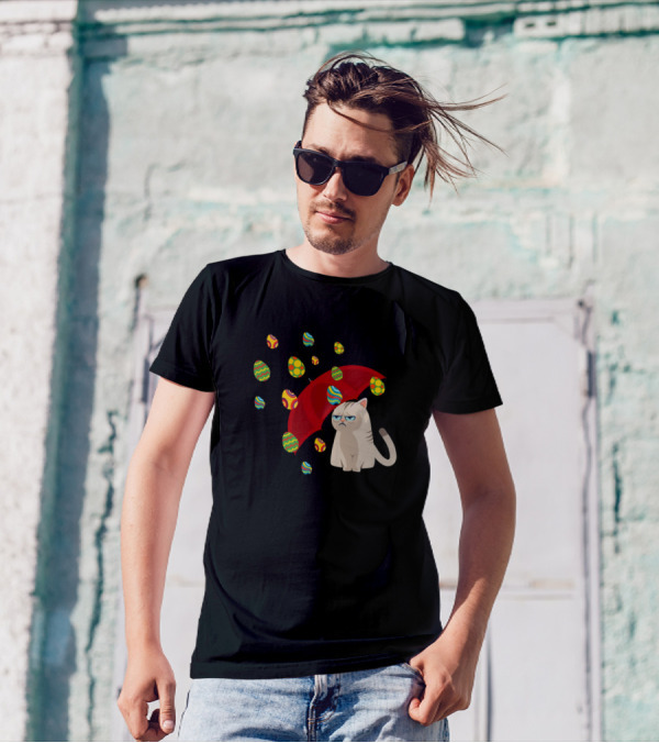 Grouchy Cat With Red Umbrella Under Raining Easter Eggs T-Shirt