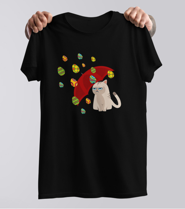 Grouchy Cat With Red Umbrella Under Raining Easter Eggs T-Shirt
