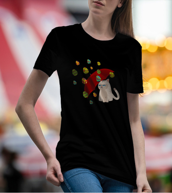 Grouchy Cat With Red Umbrella Under Raining Easter Eggs T-Shirt