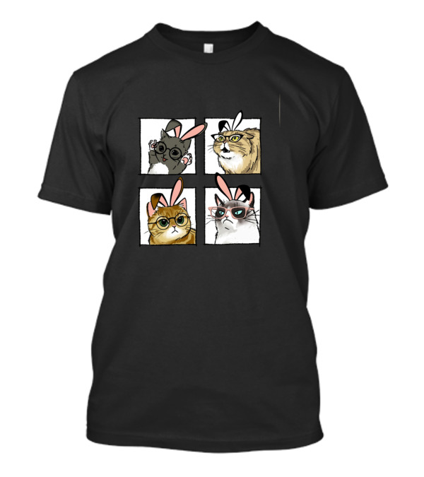 Happy Easter Bunny Ears Cat Face Quartet With Glasses T-Shirt