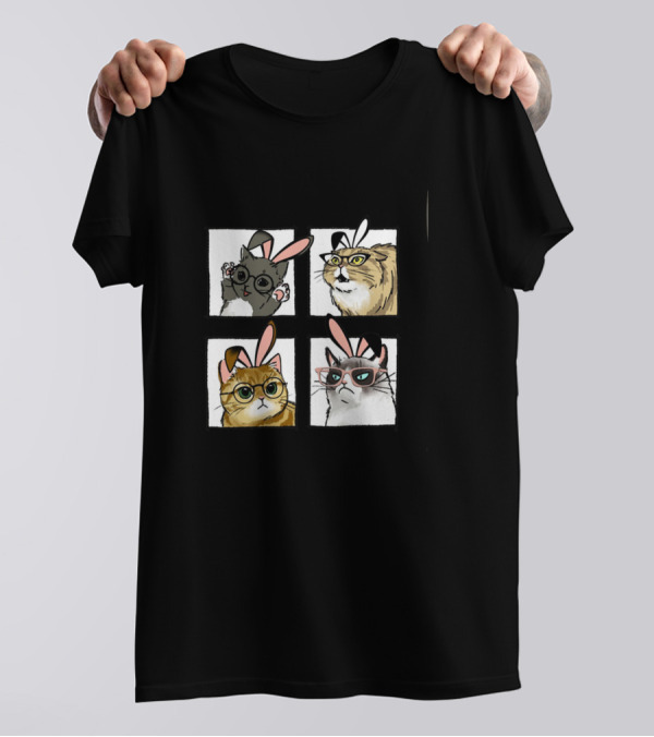 Happy Easter Bunny Ears Cat Face Quartet With Glasses T-Shirt