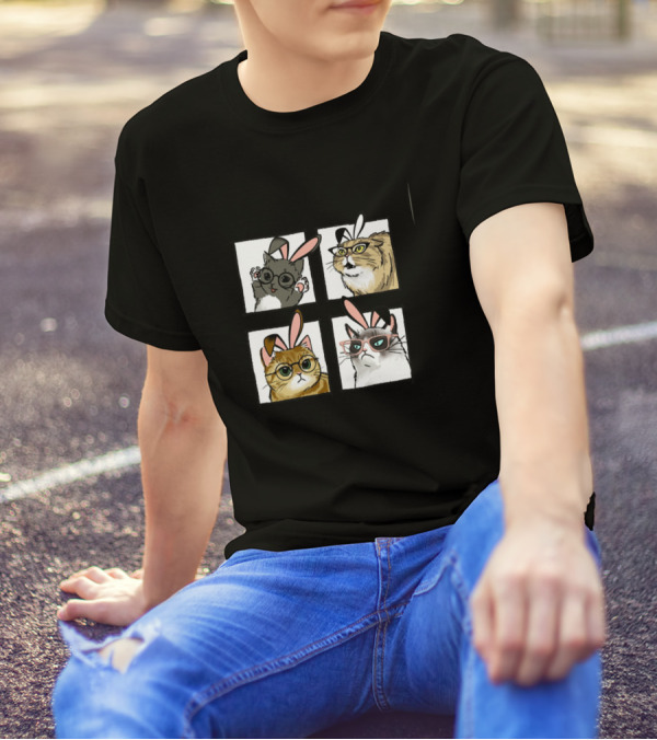 Happy Easter Bunny Ears Cat Face Quartet With Glasses T-Shirt