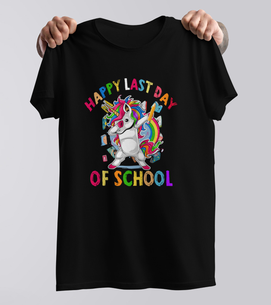 Happy Last Day Of School Unicorn Dabbing With Rainbow Books T-Shirt