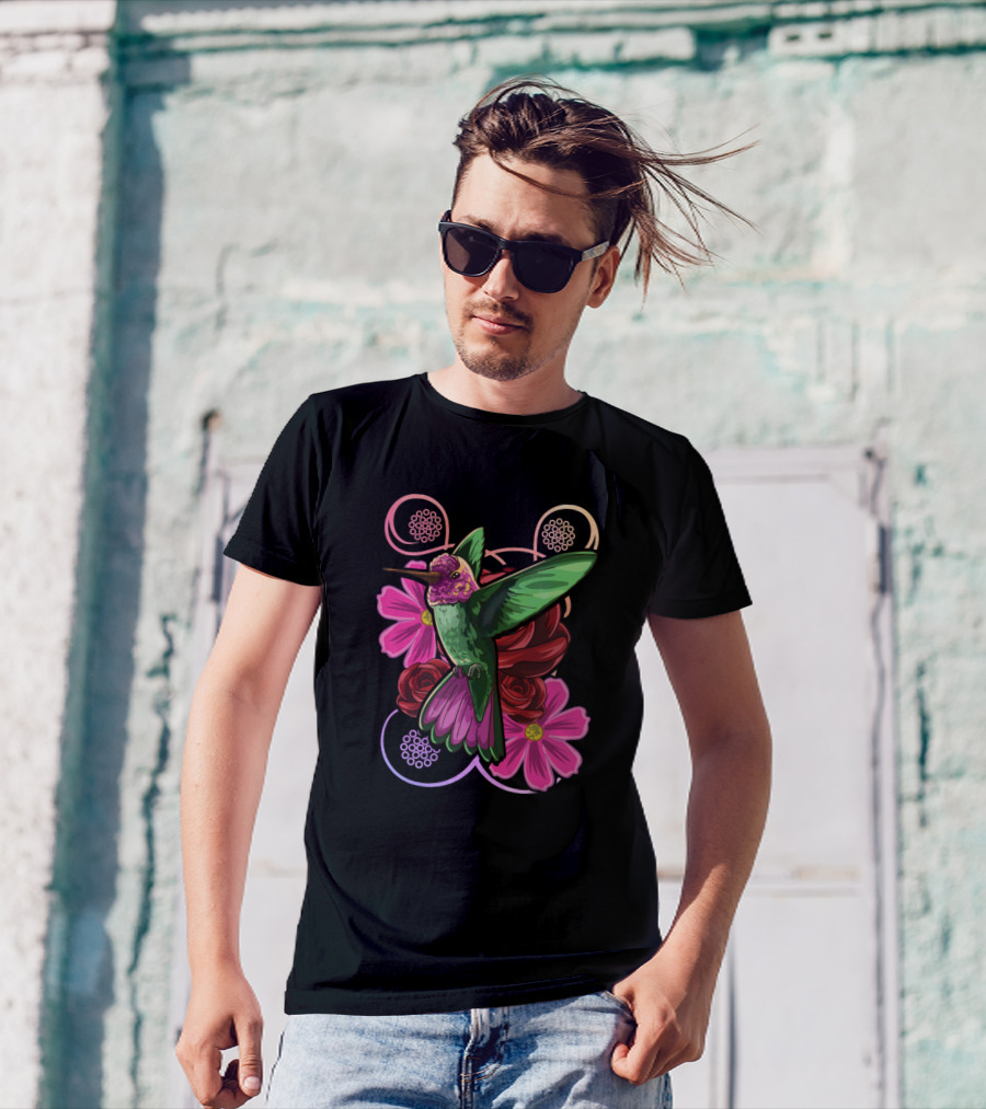 Hummingbird Floral Wild Life Flowers And Roses T-Shirt