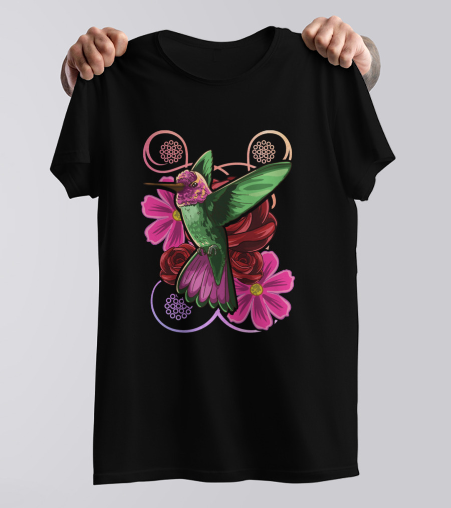 Hummingbird Floral Wild Life Flowers And Roses T-Shirt