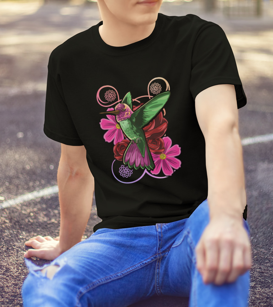 Hummingbird Floral Wild Life Flowers And Roses T-Shirt