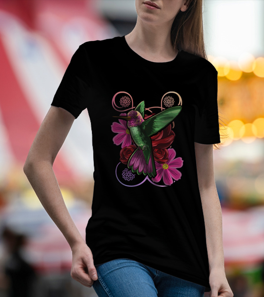 Hummingbird Floral Wild Life Flowers And Roses T-Shirt