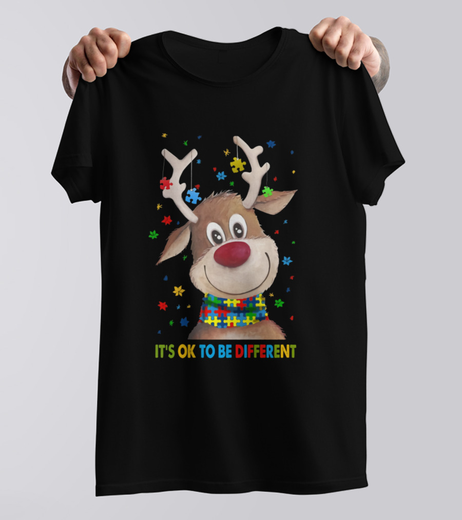 IT'S OK TO BE DIFFERENT Autism Awareness Reindeer With Puzzle Pieces T-Shirt