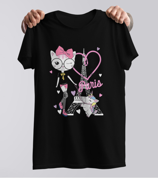 Let's Have Fun In Paris With Cute Kitty And Unicorn T-Shirt