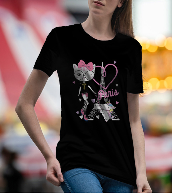 Let's Have Fun In Paris With Cute Kitty And Unicorn T-Shirt