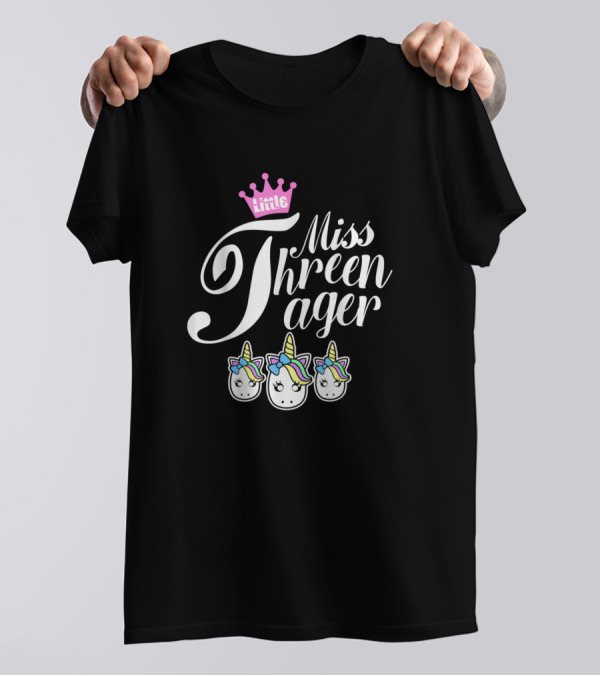 Little Miss Threenager Crown Cute Unicorn Trio T-Shirt