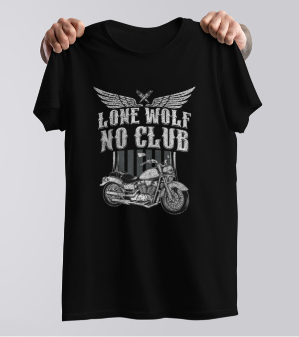 Lone Wolf No Club Motorcycle Biker Wings Bike Prem Vintage Riding Emblem T-Shirt