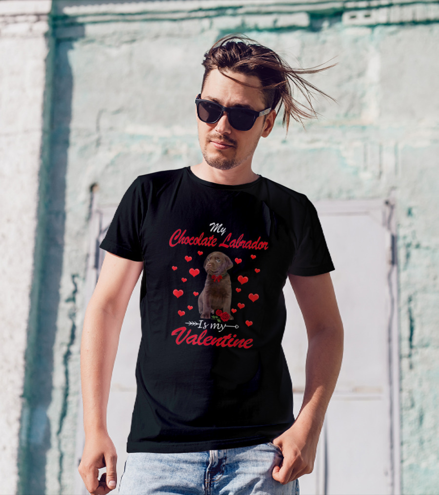 My Chocolate Labrador Is My Valentine Cute Dog Surrounded By Hearts And Roses T-Shirt