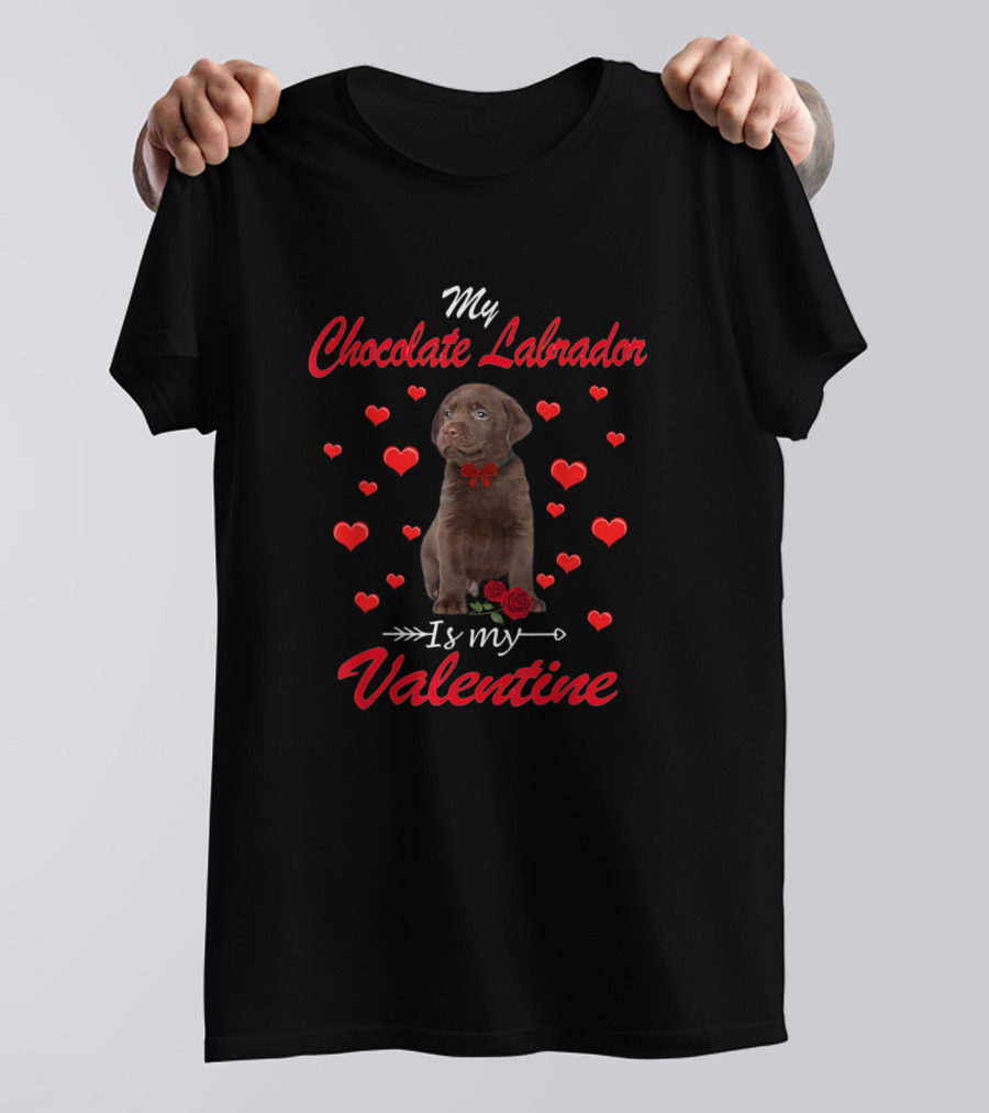 My Chocolate Labrador Is My Valentine Cute Dog Surrounded By Hearts And Roses T-Shirt