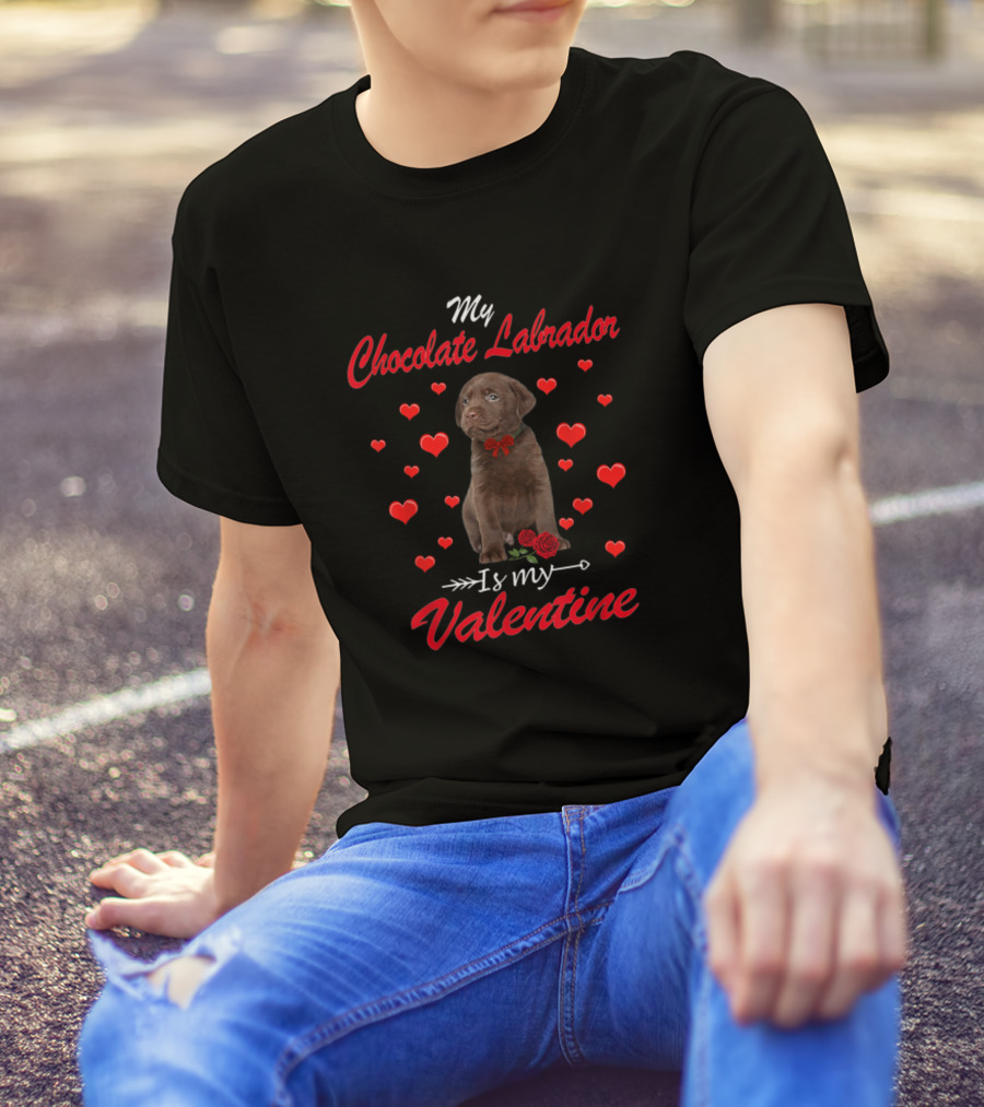 My Chocolate Labrador Is My Valentine Cute Dog Surrounded By Hearts And Roses T-Shirt