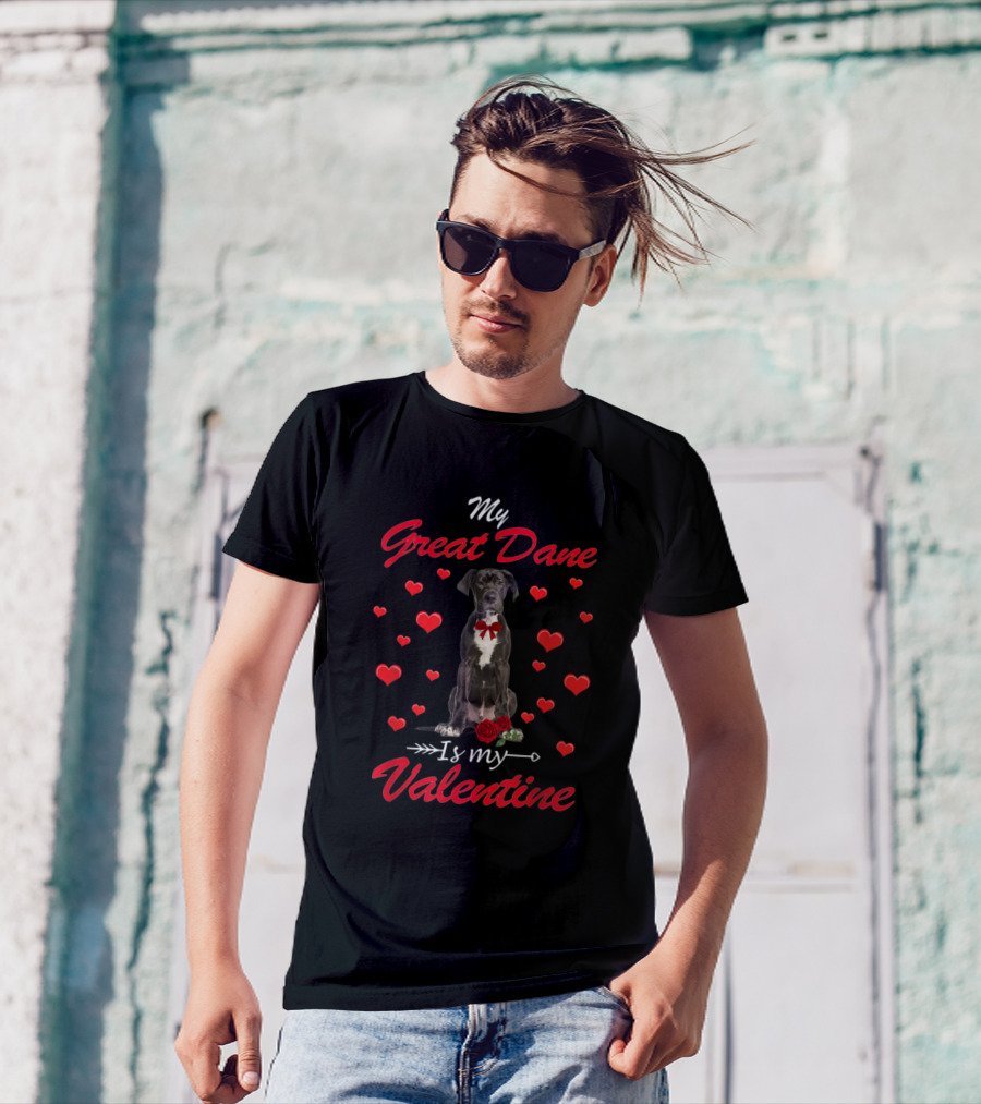 My Great Dane Surrounded By Hearts With Red Bow And Rose On Valentine's Day T-Shirt