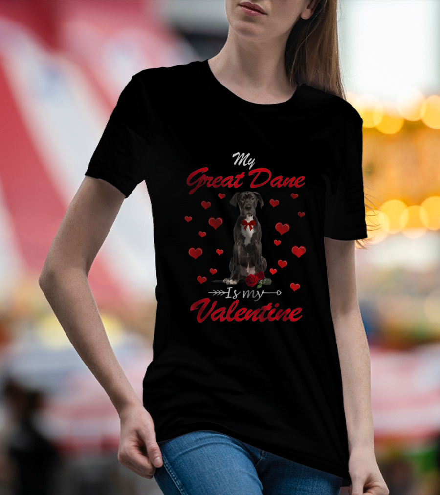 My Great Dane Surrounded By Hearts With Red Bow And Rose On Valentine's Day T-Shirt