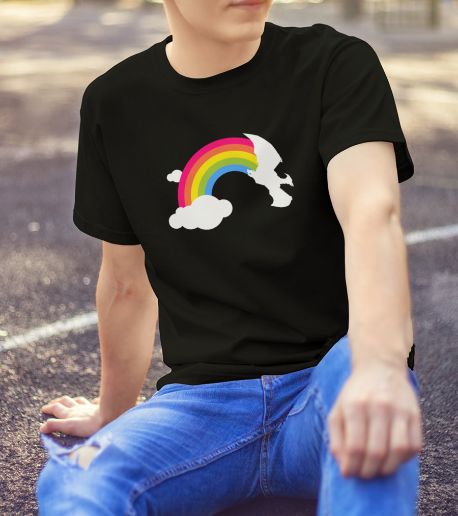 Rainbow Rodan Colorful Monster Silhouette White Clouds T-Shirt