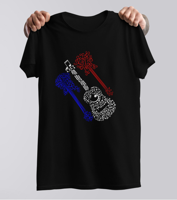 Red White And Blue Musical Notes Guitars T-Shirt