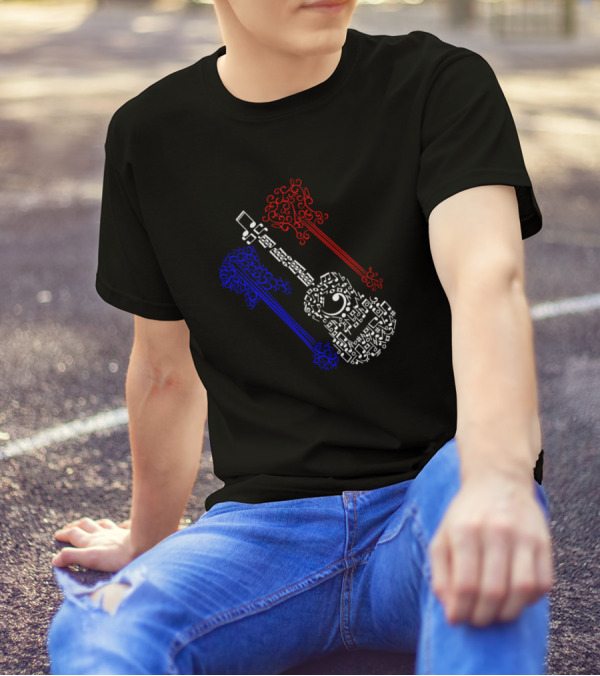 Red White And Blue Musical Notes Guitars T-Shirt